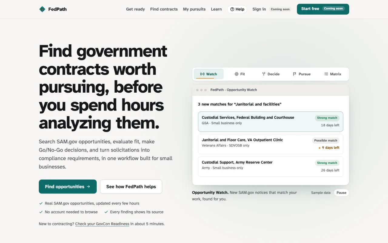 FedPath home page: a headline about finding government contracts worth pursuing beside an Opportunity Watch panel listing matched federal notices