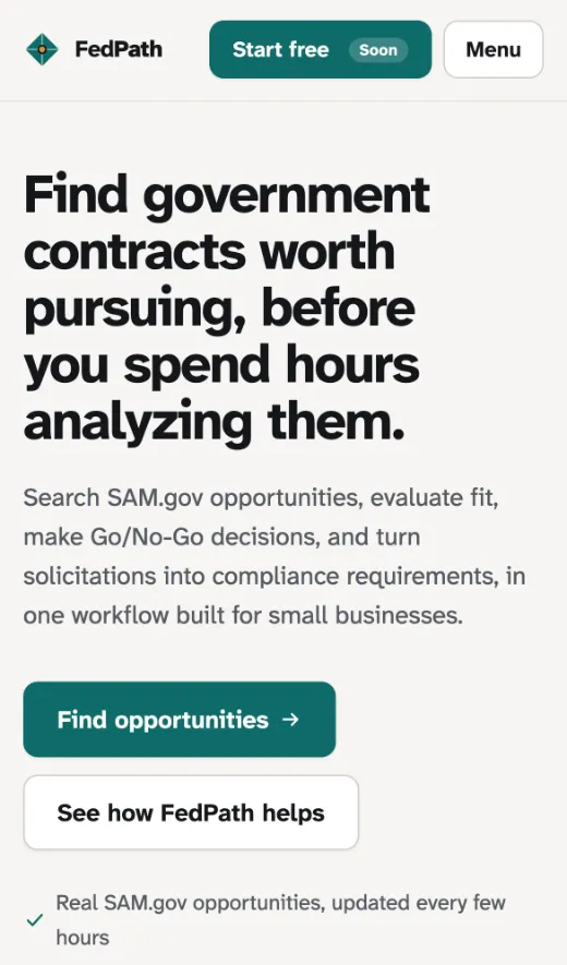 FedPath on a phone, with the headline and Find opportunities button