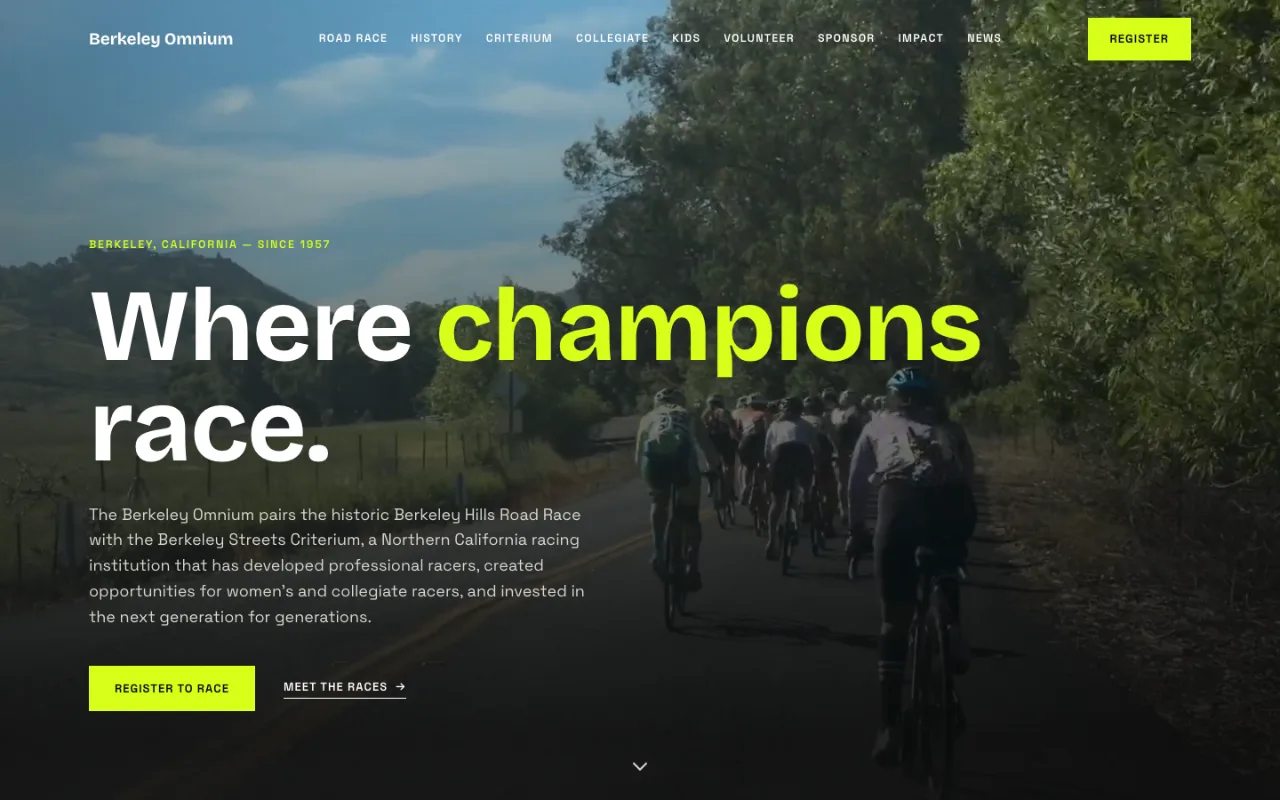 Berkeley Omnium home page: the headline Where champions race over video of a pack of cyclists on a hillside road