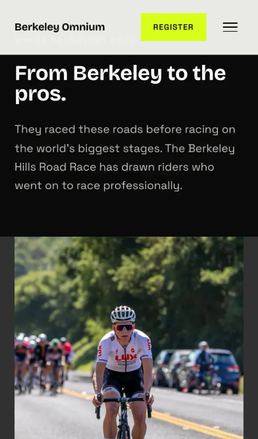 Berkeley Omnium on a phone, showing a section about riders who went on to race professionally
