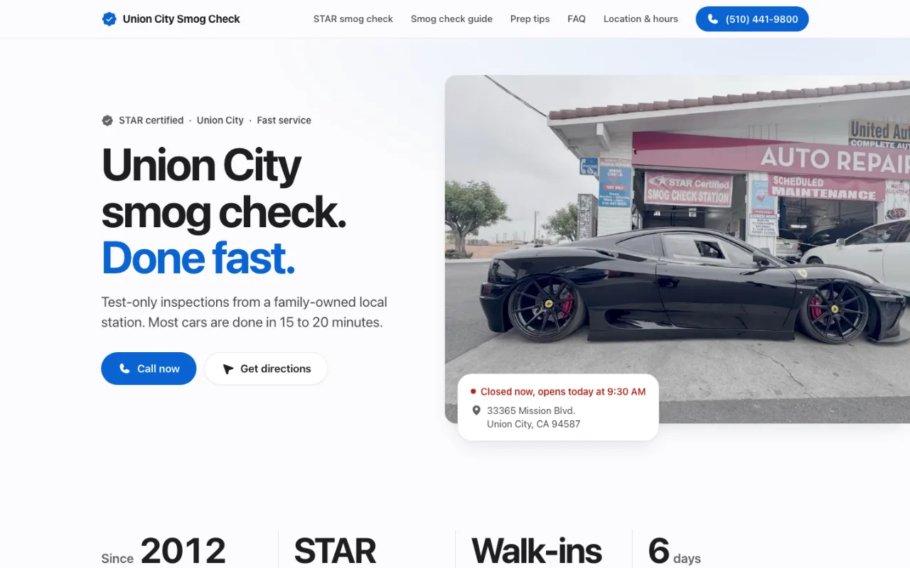 Union City Smog Check home page: the headline Union City smog check, done fast, with Call now and Get directions buttons beside a photo of the station