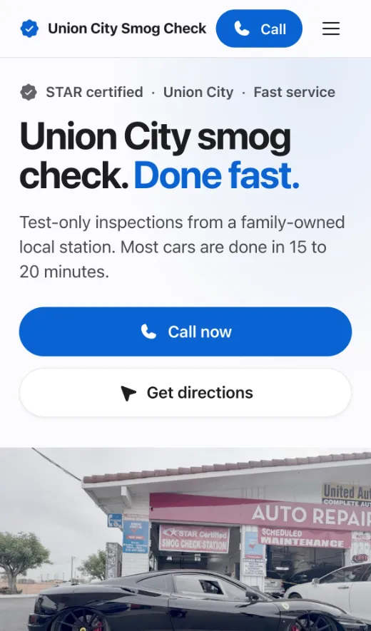 Union City Smog Check on a phone, with full-width Call now and Get directions buttons above a photo of the station